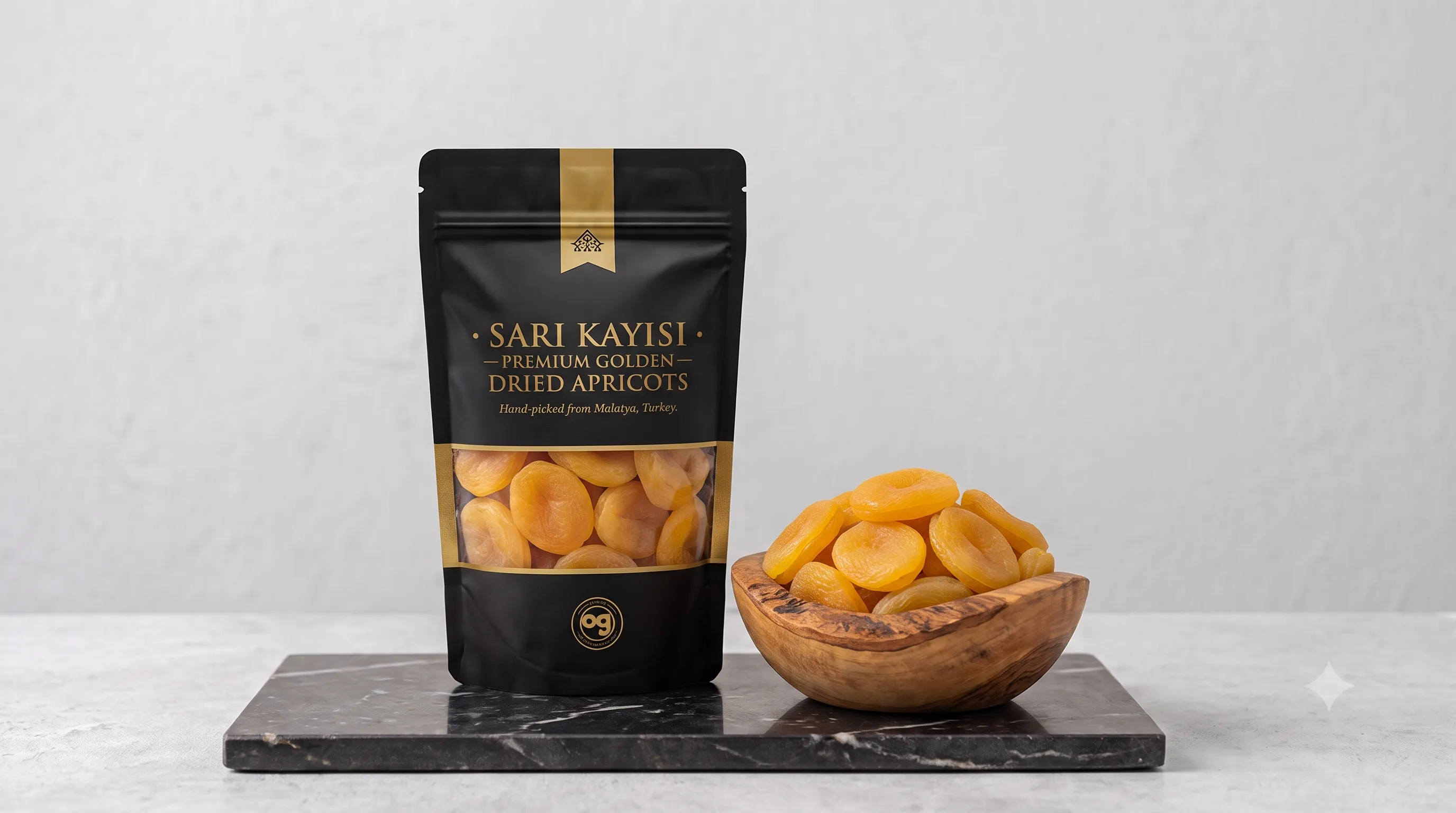 Sarı kayısı: siyah premium paket ve zeytin ağacı kasede altın sarısı kuru kayısılar